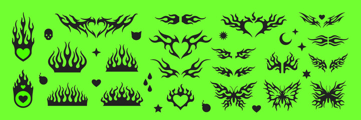 Y2k trendy black fire flames burning shapes vector illustrations set. Surreal abstract blaze monochrome tattoo style for sticker, print and t-shirt design