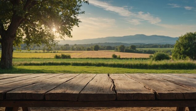 Empty rustic table in front of countryside background product display and picnic concept with free space for text.