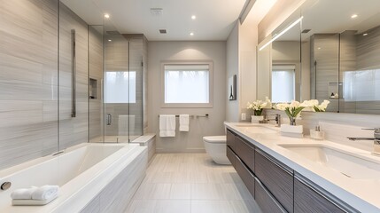 luxurious bathroom Modern Minimalist: Features: Clean lines, uncluttered spaces, and a monochromatic color scheme. Key Elements: Floating vanities, frameless glass showers, and wall-mounted fixtures. 