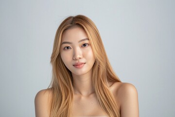 Naklejka premium Young pretty woman with smile facial features and blonde hair looks in front of her on a solid color background, half body photo, copy space for text