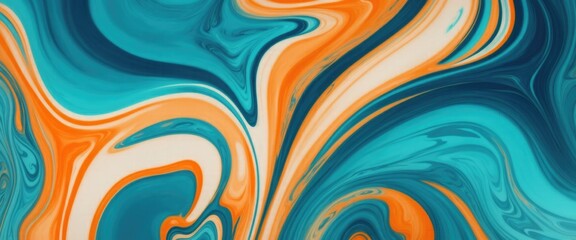 Luxurious marbling Blue, paint swirls in beautiful teal and orange colors abstract background with waves