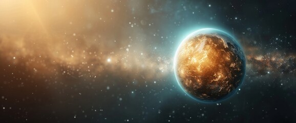 Abstract space scene, solar system elements, natural lighting, clear copy space