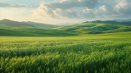 Fototapeta premium Splendid aerial photography of green wavy field in sunny day. Artistic wallpaper. Beauty of earth.