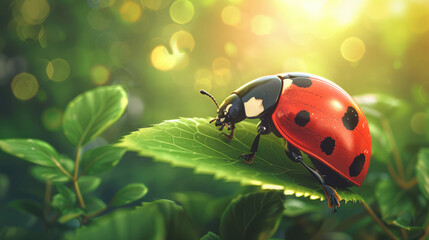 Fototapeta premium close-up of ladybug insect in red shell with black dots standing on green leaf with beautiful green bokeh light