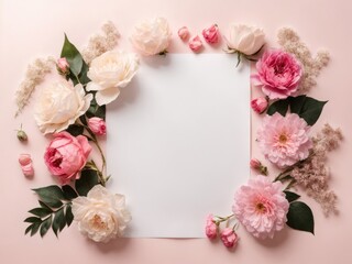 white a4 paper mockup with flowers on light pink background