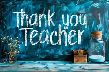 Heartfelt thank you message for teachers on blue chalkboard background with flowers and jar