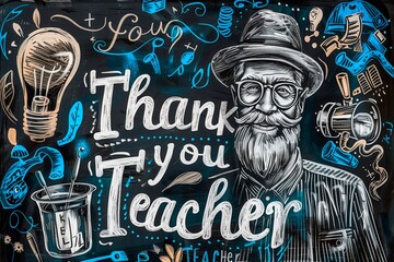 Thank you teacher colorful chalkboard art featuring bearded instructor surrounded by educational symbols