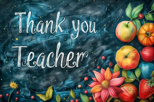 Thank you teacher celebration card with colorful floral designs and handwritten text
