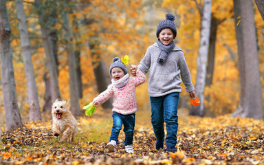 cheerful kids running threw the autumn park