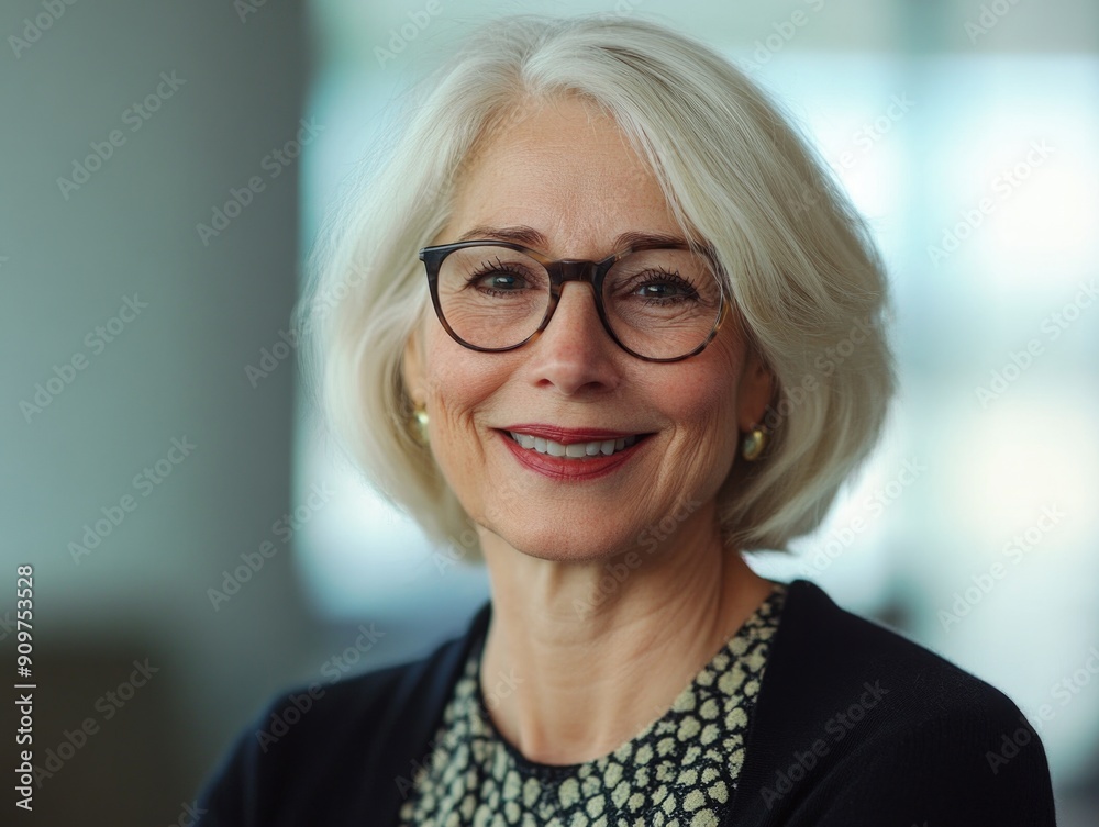 Poster A woman with glasses and a black top smiling, great for personal finance or lifestyle articles