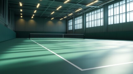 Empty Badminton Arena: Serene and Anticipatory Atmosphere. Badminton Court under spotlights with blurry background.