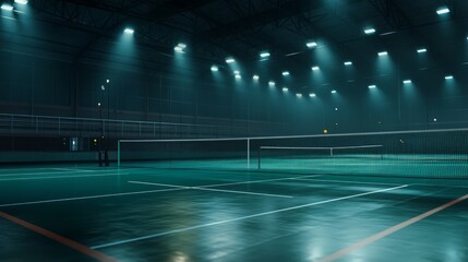 Empty Badminton Arena: Serene and Anticipatory Atmosphere. Badminton Court under spotlights with blurry background.