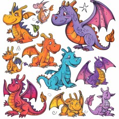 Fototapeta premium Funny dragons doodle set, cartoon dino, graphic dinosaurs isolated, monster animals