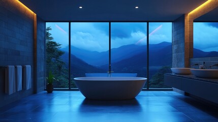 Fototapeta premium A spacious bathroom with a large window offering a breathtaking view of a mountain range