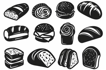 Bread loaves icon, bakery products set, flat minimal pastry collection, baked buns, baguettes symbols