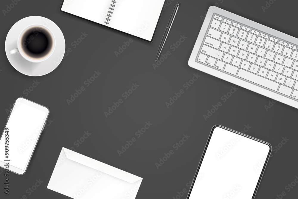 Aufkleber Office supplies. Different business stuff on a table with copy space. 3d vector background