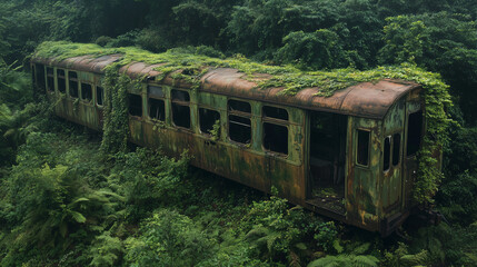 Fototapeta premium A ruined railway carriage whose structure has been completely engulfed by growing greenery, illustrating how nature gradually reclaims land previously developed by humans.