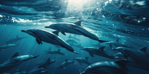 Fototapeta premium Dolphin Pod Swimming in the Ocean
