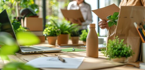 Modern office desk adorned with plants, documents, and laptop in a sunlit environment. Concepts of productivity, sustainability, and eco-friendly workspace.