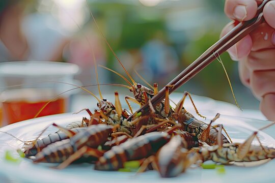 Edible Insects, Eating Bugs, Eating Insect Snacks, Exotic Cuisine as Fried Bugs as Grasshoppers
