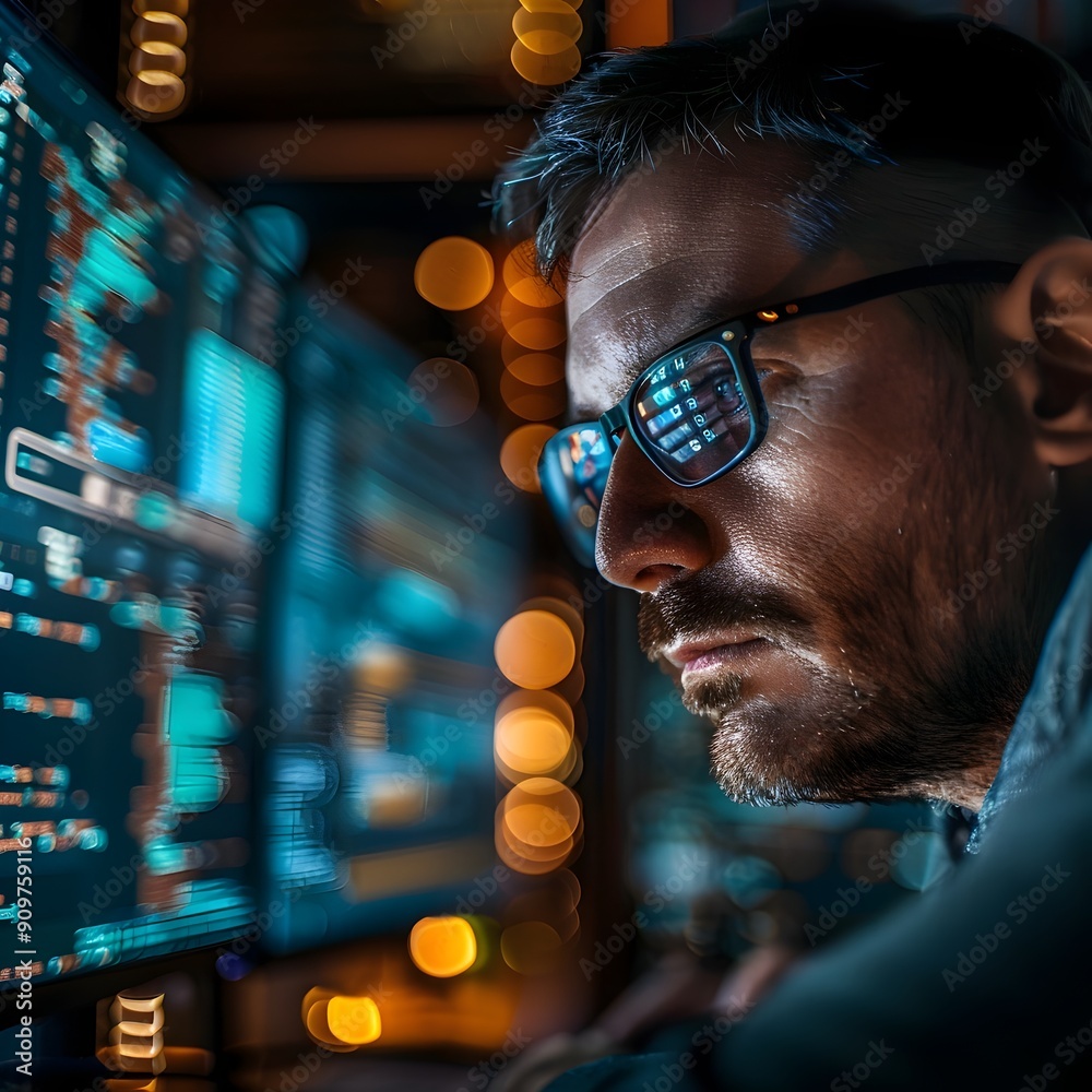 Poster cybersecurity specialist analyzing complex code on multiple screens in darkened technology driven wo