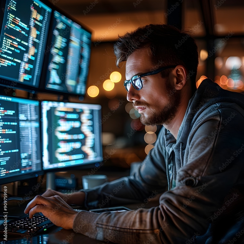 Poster cybersecurity expert analyzing code on multiple screens in darkened workspace