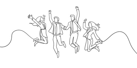 Happy work team continuous line art drawing isolated on white background. 4 Jumping office friends line art. Vector illustration