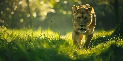 A lion strolling on lush green grass during summer