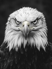 Fototapeta premium A close-up photo of a bald eagle's head and feathers against a dark background, great for wildlife or nature-themed designs