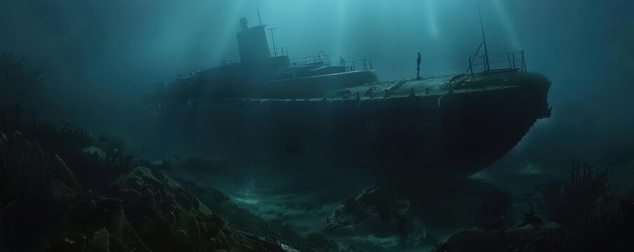 A mysterious sunken ship rests on the ocean floor, illuminated by soft beams of light from above, revealing its haunting beauty.