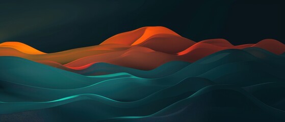 Abstract digital landscape with flowing waves in dark, teal, and orange hues, creating a serene and artistic visual effect.