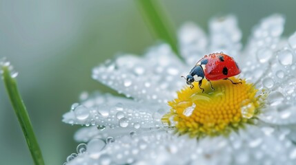 Fototapeta premium A ladybug sits on a white daisy with dewdrops on its petals in a lush green garden. Concepts of nature, beauty, and tranquility.