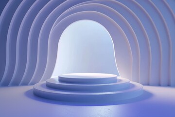 Obraz premium 3D rendering of a minimalist blue podium or pedestal in an abstract background with arches. Ideal for product placement, presentations, and exhibitions.