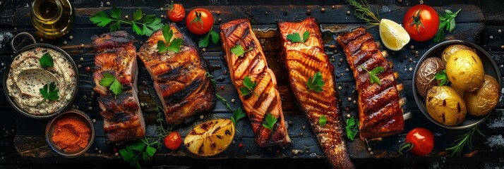 Fototapeta premium Grilled Meat Big Set, Smoked Ribs, Fish and Vegetables, Barbecue Buffet, Grilled Chicken Pieces,