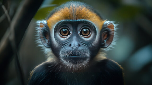 A wild female monkey stares at the camera.
