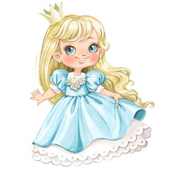 Cute cartoon Princess in lush blue dress watercolor paint