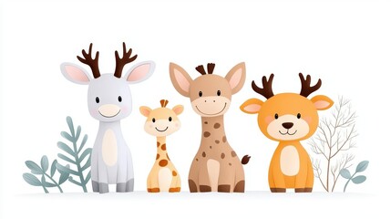 Adorable cartoon animals featuring a deer, giraffe, and other charming wildlife, perfect for children's s and playful designs.