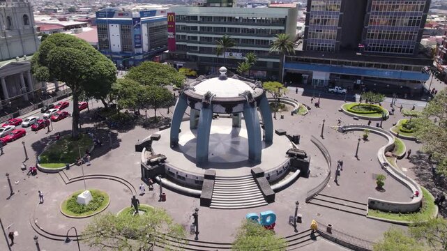 Drone view of Parque Central de San Jos&eacute; in Costa Rica with people walking and relaxing