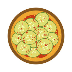 Korean cucumber kimchi vector illustration. Traditional spicy asian side dish served in round plate isolated on white background. Delicious Oi kimchi salad drawing for menu, poster, banner, recipes