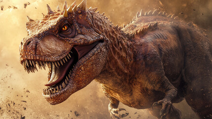 fierce dinosaur roaring in dramatic landscape, showcasing its powerful presence and detailed textures. scene captures essence of prehistoric life © FARMPICS