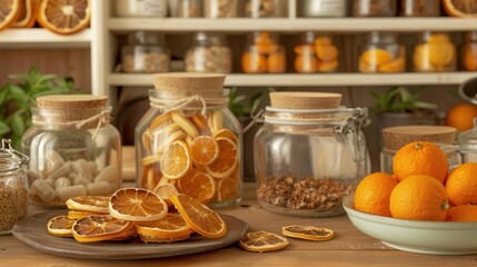 A traditional apothecary setting with dried orange peels and other natural remedies, emphasizing the historical use of oranges in medicine