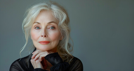 Fototapeta premium Portrait of elegant elderly woman with blue eyes on gray background with copy space. Beautiful elderly gray-haired woman holds hand near face and looks at camera, close-up