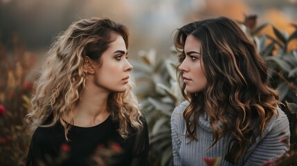 Fototapeta premium Two Women Looking at Each Other in the Garden