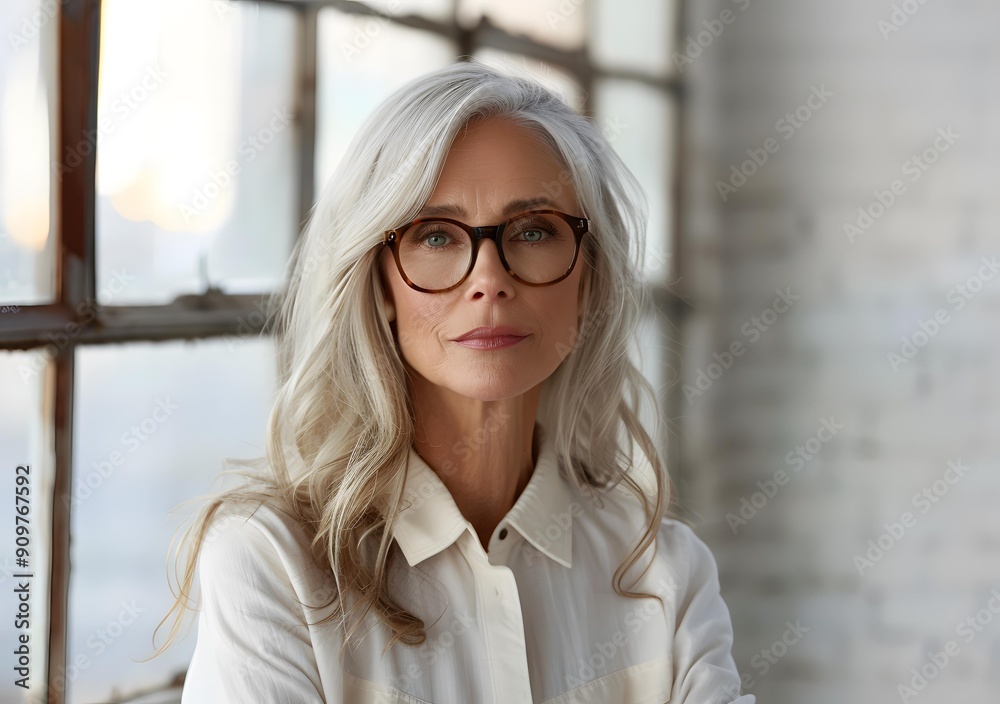 Wall mural Portrait of a Confident Woman with Gray Hair and Glasses