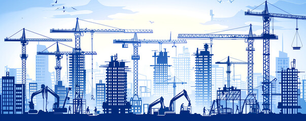 A city skyline with many cranes and construction workers. Scene is busy and active