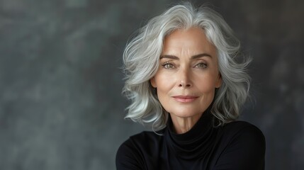 Naklejka premium Sophisticated middle-aged model with a modern hairstyle, showcasing a professional look in a well-lit studio