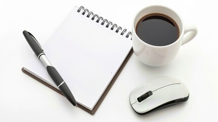 Simple Workspace with Coffee, Pen, Notepad, and Mouse