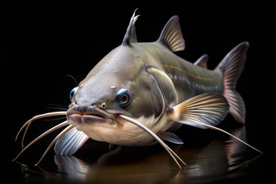 Freshly caught channel catfish with distinctive whisker-like barbels on isolated black background, highlighting its exquisite details and commercial fishing value.