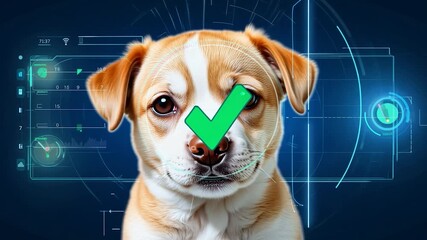 A cheerful dog sits in front of a digital interface showcasing health monitoring features, emphasizing the intersection of pet care and technology. - Powered by Adobe