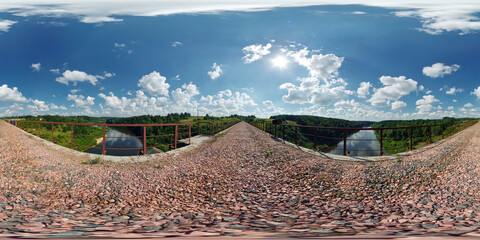 360 hdri panorama view on abandon railway bridge across river. 360 panorama in equirectangular...